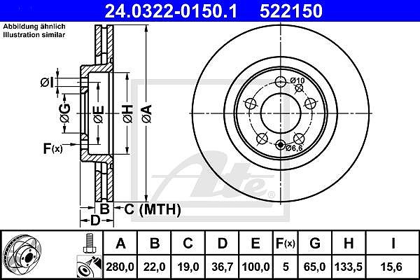 Ate Bremsscheibe Vorderachse belüftet [Hersteller-Nr. 24.0322-0150.1] für Seat, VW, Skoda, Audi