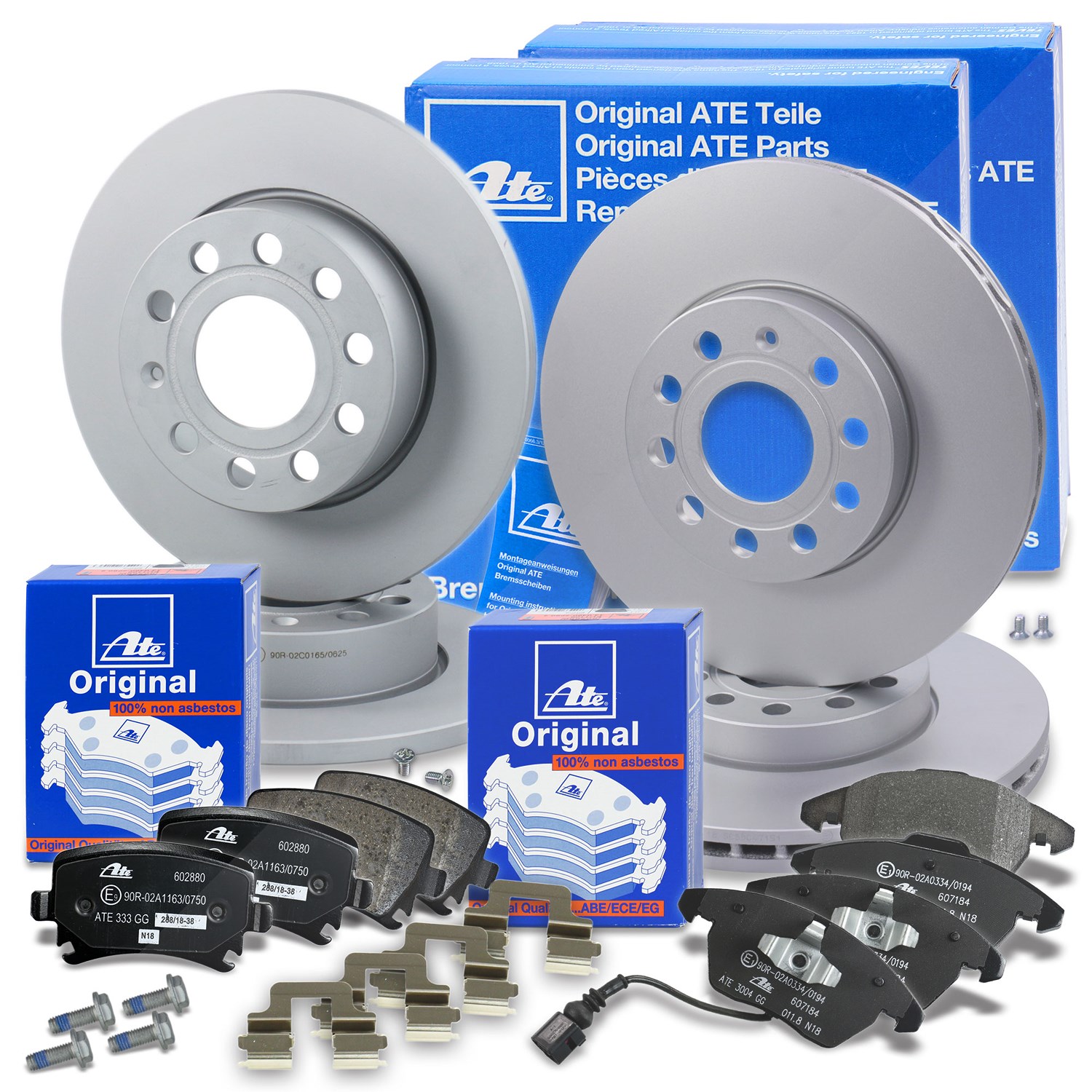 Ate Bremsscheiben +Bremsbeläge vorne+hinten [Hersteller-Nr. 10696313] für VW, Audi, Seat, Skoda