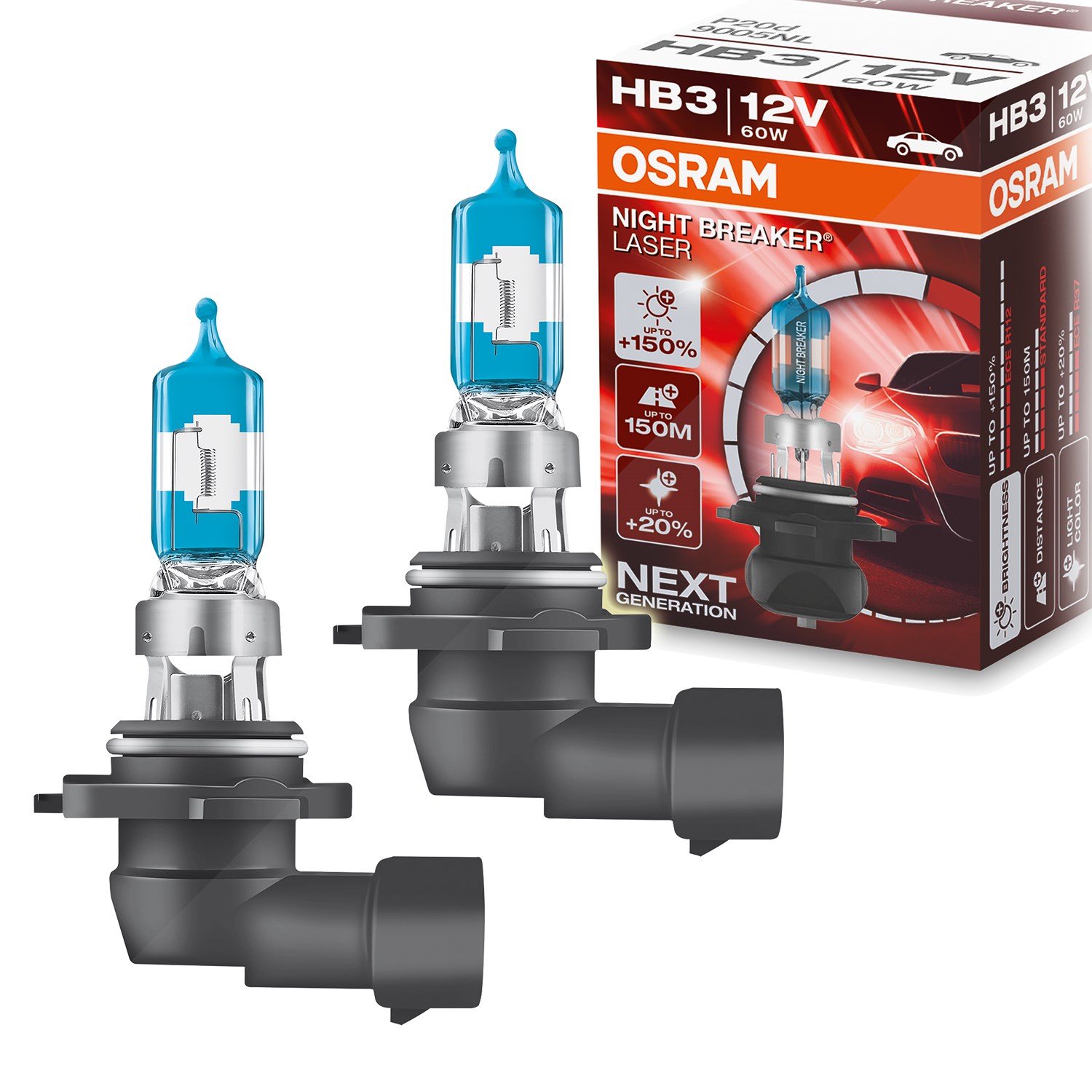 Osram 2x NIGHT BREAKER® LASER HB3 Faltschachtel [Hersteller-Nr. 9005NL] für Honda, Renault, Citroën, Kia, Chevrolet, Chrysler, Ford, Toyota, Nissan, A