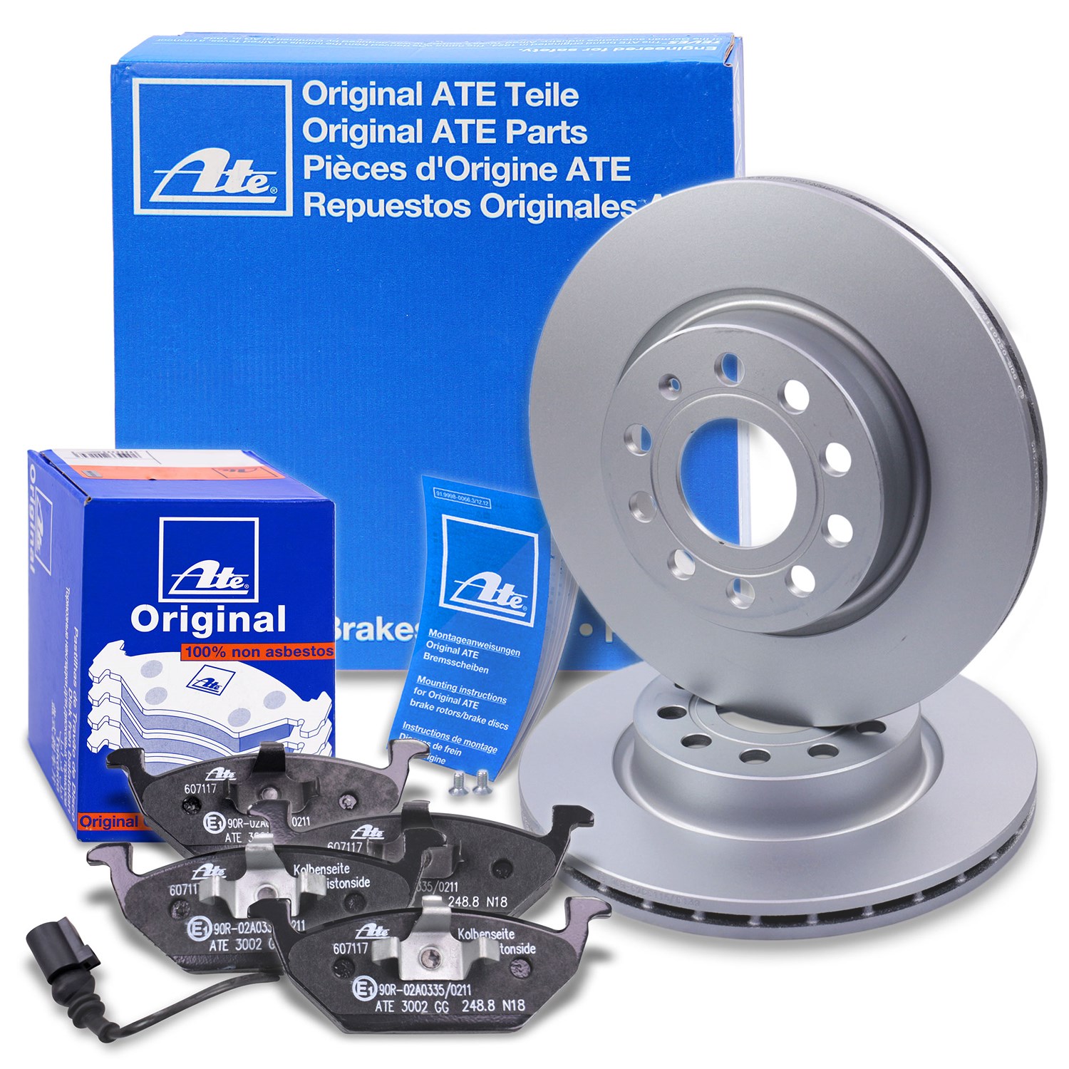 Ate Bremsscheiben +Bremsbeläge mit Warnkontakt vorne [Hersteller-Nr. 10696200] für Skoda, VW, Audi, Seat