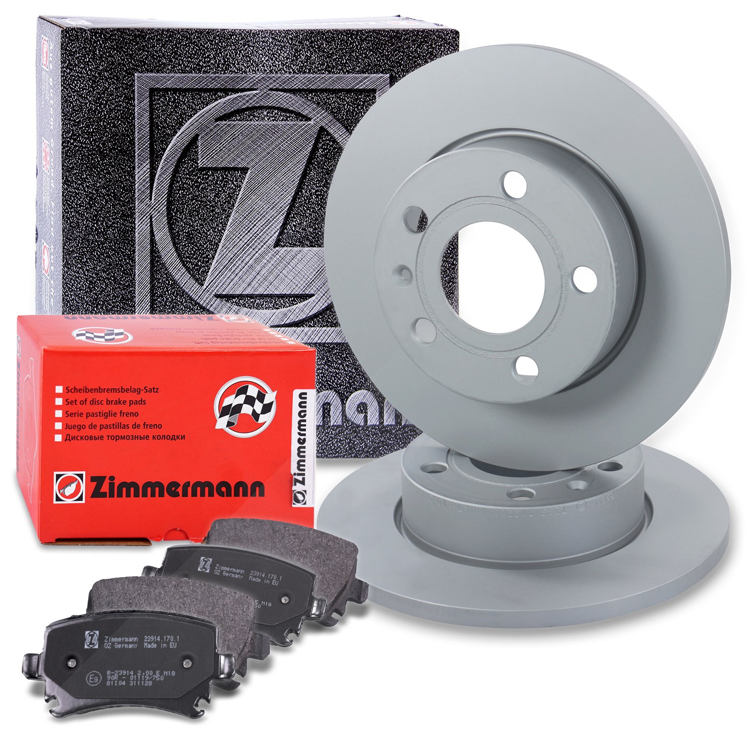 Zimmermann Bremsscheiben + Bremsbeläge Hinterachse [Hersteller-Nr. 10697702] für VW, Seat, Skoda, Audi