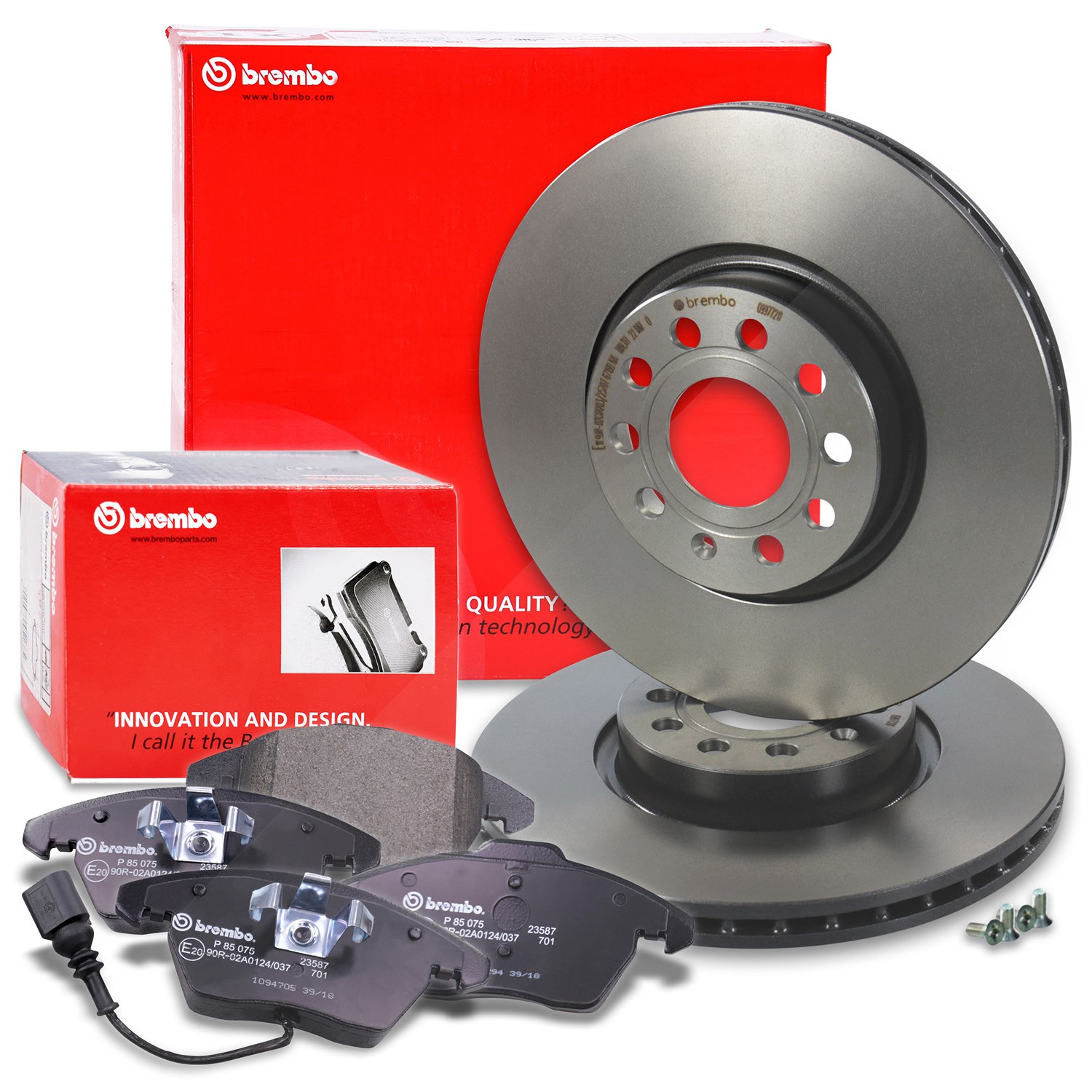 Brembo Bremsscheiben Coated+Bremsbeläge Vorne [Hersteller-Nr. 10697988] für Seat, Audi, Skoda, VW