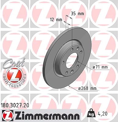 Zimmermann Bremsscheibe Hinterachse Voll [Hersteller-Nr. 180.3027.20] für Fiat, Peugeot, Citroën, Ds, Vauxhall, Opel