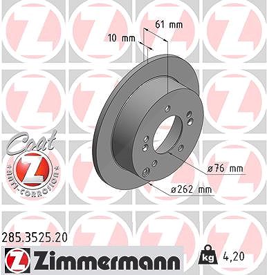 Zimmermann Bremsscheibe voll hinten [Hersteller-Nr. 285.3525.20] für Hyundai, Kia
