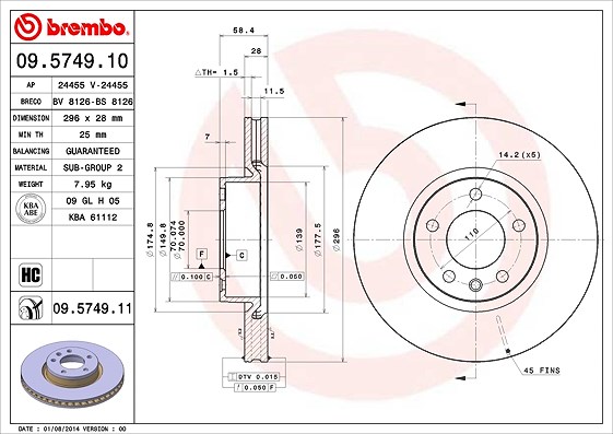 Brembo Bremsscheibe [Hersteller-Nr. 09.5749.11] für Vauxhall, Opel