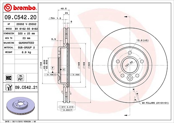 Brembo 1x Bremsscheibe [Hersteller-Nr. 09.C542.21] für Volvo