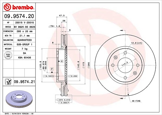 Brembo Bremsscheibe Vorderachse Belüftet [Hersteller-Nr. 09.9574.21] für Hyundai, Kia