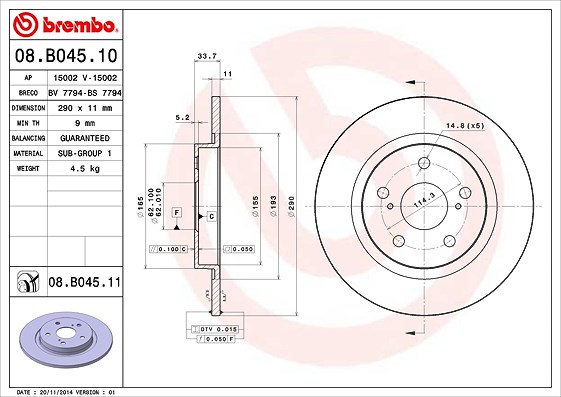 Brembo Bremsscheibe Hinterachse Voll [Hersteller-Nr. 08.B045.11] für Toyota