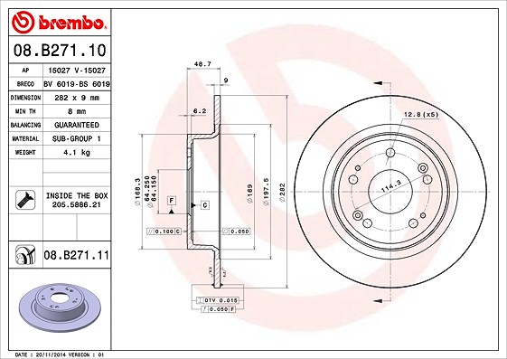 Brembo Bremsscheibe Hinterachse Voll [Hersteller-Nr. 08.B271.11] für Acura, Honda
