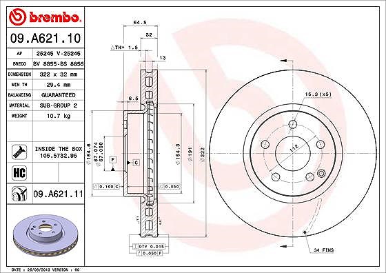 Brembo 1x Bremsscheibe Vorderachse Belüftet [Hersteller-Nr. 09.A621.11] für Mercedes-Benz