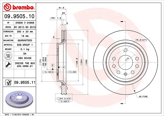 Brembo Bremsscheibe Hinterachse Belüftet [Hersteller-Nr. 09.9505.11] für Chevrolet, Vauxhall, Fiat, Cadillac, Opel, Saab