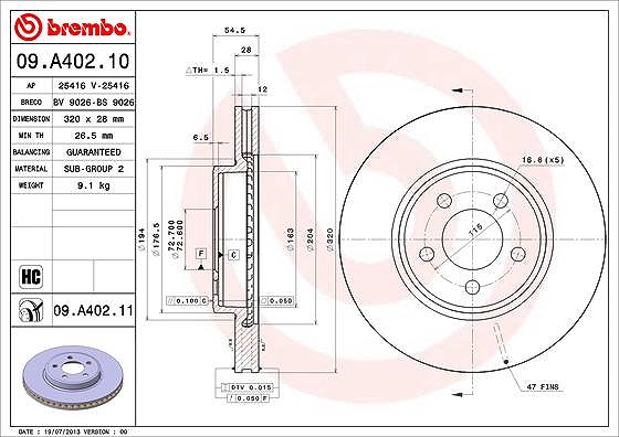 Brembo 1x Bremsscheibe Vorderachse Belüftet [Hersteller-Nr. 09.A402.11] für Chrysler, Dodge