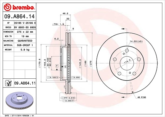 Brembo Bremsscheibe [Hersteller-Nr. 09.A864.11] für Toyota