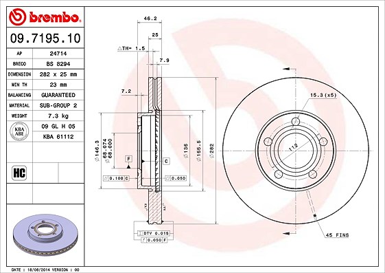 Brembo Bremsscheibe Vorderachse Belüftet [Hersteller-Nr. 09.7195.10] für VW