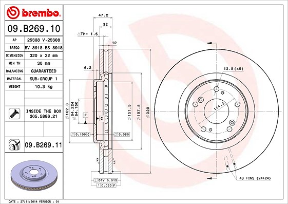 Brembo 1x Bremsscheibe [Hersteller-Nr. 09.B269.11] für Honda