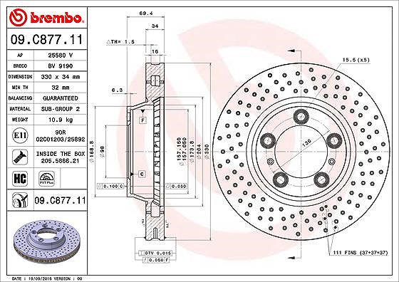 Brembo 1x Bremsscheibe [Hersteller-Nr. 09.C877.11] für Porsche