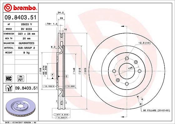 Brembo 1x Bremsscheibe [Hersteller-Nr. 09.8403.51] für Ds, Citroën, Peugeot