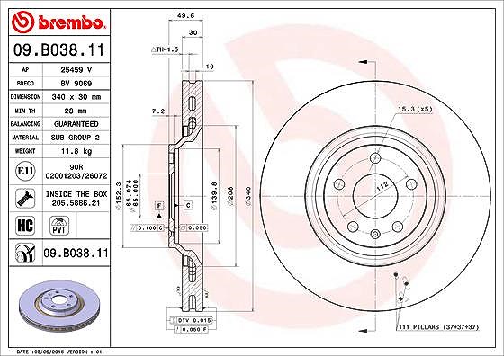 Brembo 1x Bremsscheibe [Hersteller-Nr. 09.B038.11] für Audi