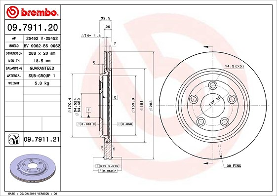 Brembo Bremsscheibe Hinterachse Belüftet [Hersteller-Nr. 09.7911.21] für Ford Usa, Daimler, Jaguar
