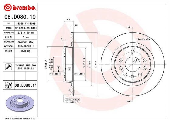 Brembo Bremsscheibe [Hersteller-Nr. 08.D080.11] für Vauxhall, Opel