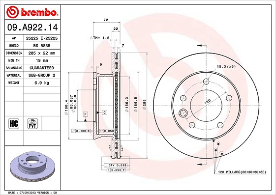 Brembo Bremsscheibe [Hersteller-Nr. 09.A922.14] für Mercedes-Benz