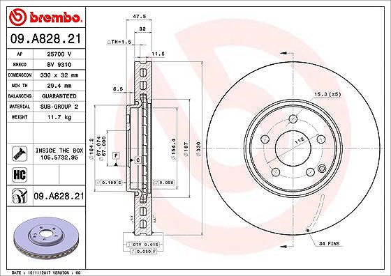 Brembo 1x Bremsscheibe [Hersteller-Nr. 09.A828.21] für Mercedes-Benz