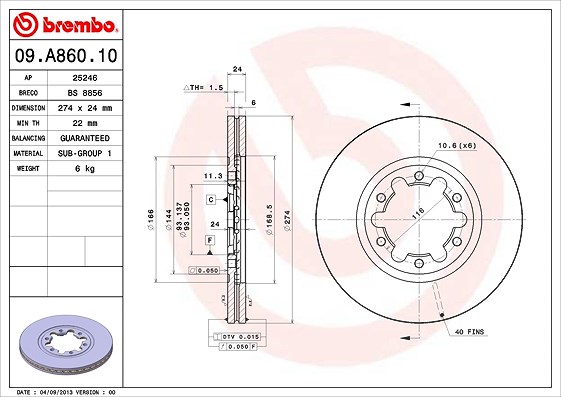 Brembo Bremsscheibe [Hersteller-Nr. 09.A860.10] für Mazda, Ford
