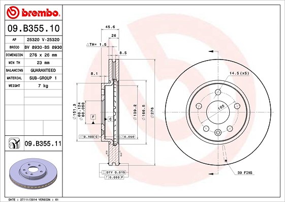 Brembo Bremsscheibe [Hersteller-Nr. 09.B355.11] für Vauxhall, Chevrolet, Opel