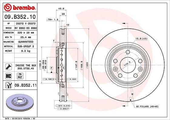 Brembo 1x Bremsscheibe [Hersteller-Nr. 09.B352.11] für Renault