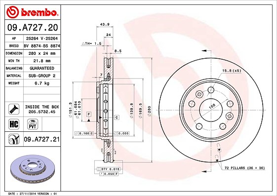 Brembo Bremsscheibe Vorderachse belüftet [Hersteller-Nr. 09.A727.21] für Renault, Nissan, Mercedes-Benz