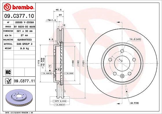 Brembo 1x Bremsscheibe [Hersteller-Nr. 09.C377.11] für Opel, Vauxhall