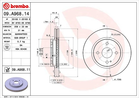 Brembo Bremsscheibe [Hersteller-Nr. 09.A968.11] für Mazda (changan), Mazda