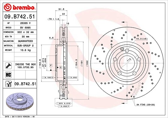 Brembo 1x Bremsscheibe [Hersteller-Nr. 09.B742.51] für Mercedes-Benz