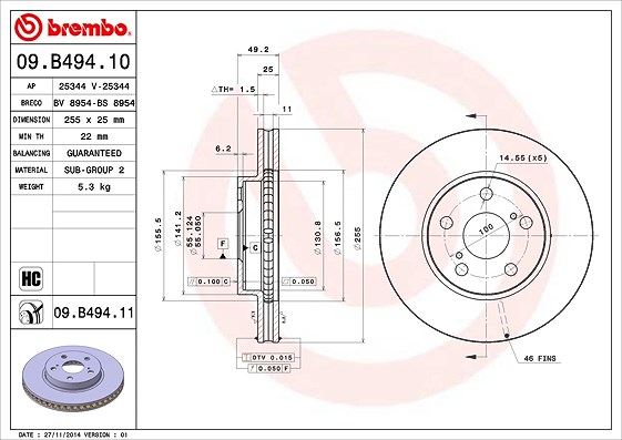 Brembo Bremsscheibe [Hersteller-Nr. 09.B494.11] für Lexus, Toyota