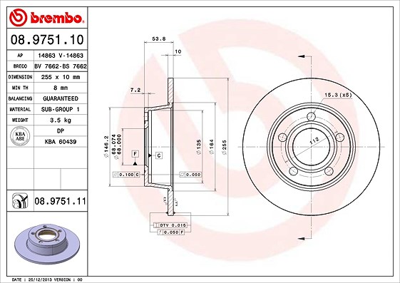 Brembo Bremsscheibe Hinterachse Voll [Hersteller-Nr. 08.9751.11] für Audi