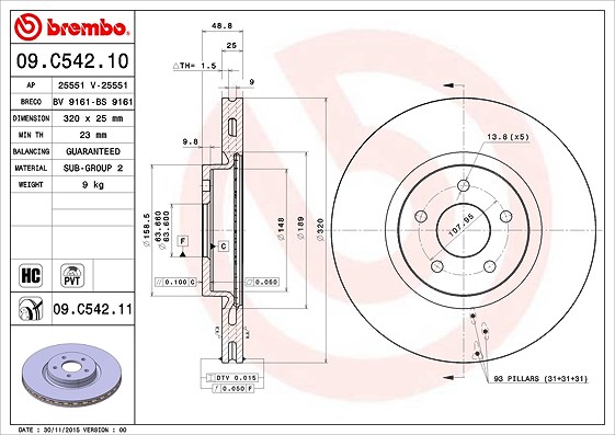 Brembo 1x Bremsscheibe [Hersteller-Nr. 09.C542.11] für Ford