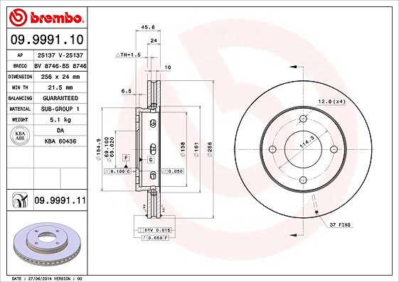 Brembo Bremsscheibe [Hersteller-Nr. 09.9991.11] für Mitsubishi, Smart