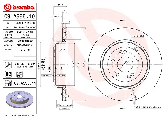 Brembo 1x Bremsscheibe [Hersteller-Nr. 09.A555.11] für Hyundai
