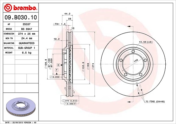 Brembo Bremsscheibe [Hersteller-Nr. 09.B030.10] für Hyundai