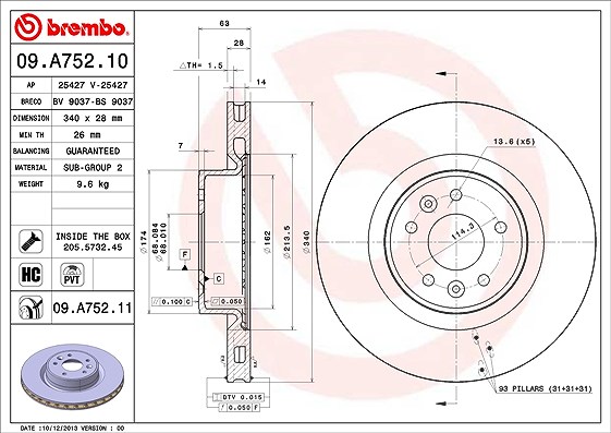 Brembo 1x Bremsscheibe [Hersteller-Nr. 09.A752.11] für Renault