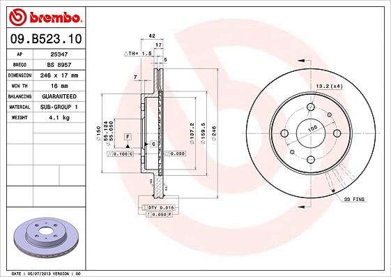Brembo Bremsscheibe Vorderachse Belüftet [Hersteller-Nr. 09.B523.10] für Subaru, Daihatsu, Toyota