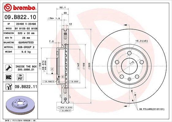 Brembo 1x Bremsscheibe Vorderachse Belüftet [Hersteller-Nr. 09.B822.11] für Audi