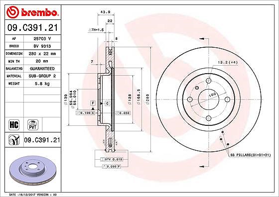 Brembo Bremsscheibe [Hersteller-Nr. 09.C391.21] für Abarth, Fiat, Mazda