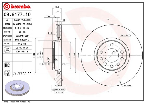 Brembo Bremsscheibe [Hersteller-Nr. 09.9177.11] für Vauxhall, Cadillac, Opel, Saab
