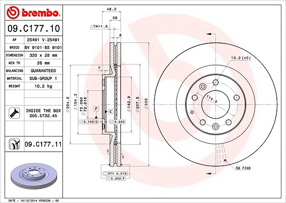 Brembo 1x Bremsscheibe [Hersteller-Nr. 09.C177.11] für Mazda, Ford Usa
