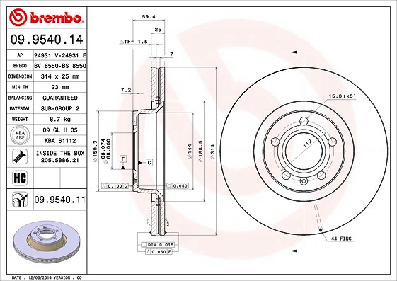 Brembo 1x Bremsscheibe [Hersteller-Nr. 09.9540.11] für Audi