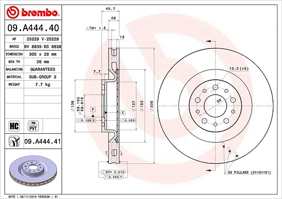 Brembo Bremsscheibe [Hersteller-Nr. 09.A444.41] für Opel, Fiat, Vauxhall