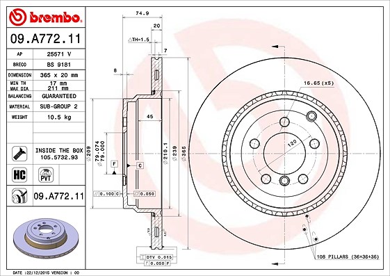 Brembo 1x Bremsscheibe [Hersteller-Nr. 09.A772.11] für Land Rover