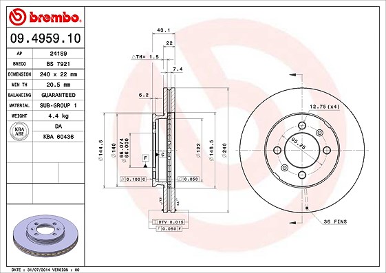 Brembo Bremsscheibe [Hersteller-Nr. 09.4959.10] für Austin, Reliant, Rover, Mg