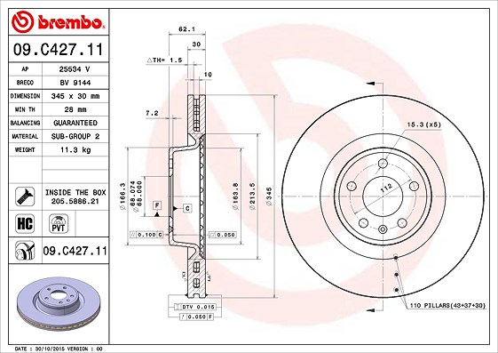 Brembo 1x Bremsscheibe [Hersteller-Nr. 09.C427.11] für Audi